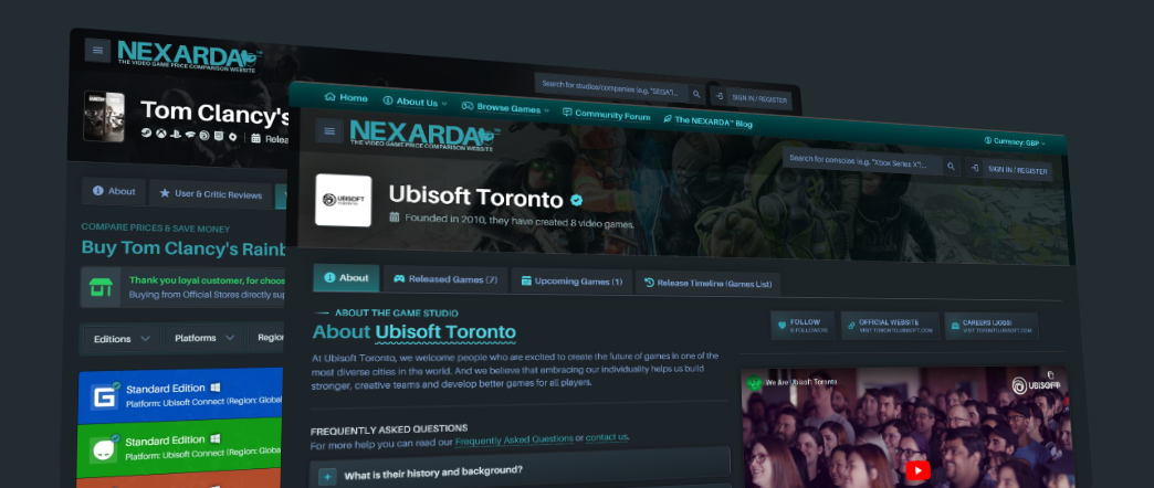 NEXARDA website - images of game page and studio page